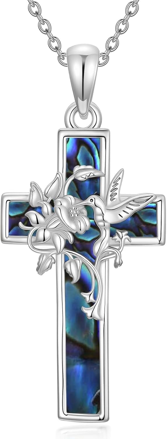 CACA LADY Hummingbird Cross Necklace 925 Sterling Silver Hummingbird Abalone Shell Pendant Religious Christian Jewelry Gift for Her Mom Women