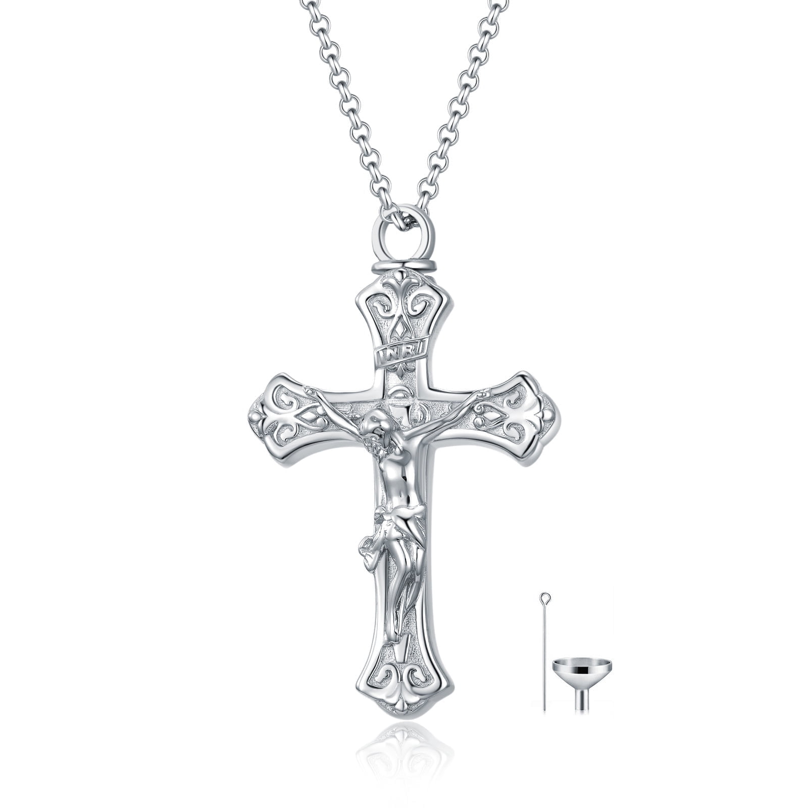 CACA LADY Jesus Cross Urn Necklace 925 Sterling Silver with Funnel Filler Kit Ashes Necklace