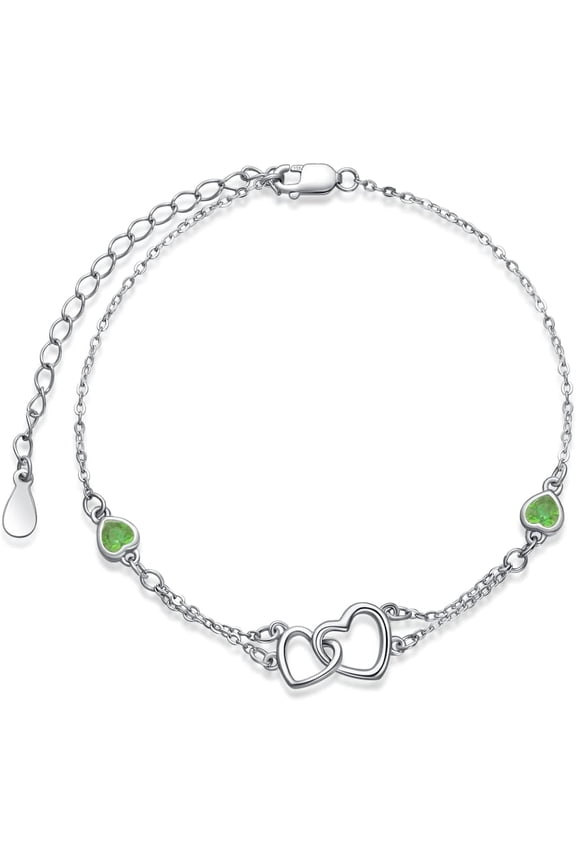 Light Green Sterling Silver Double Heart Anklet for Women - Peridot Summer Beach Jewelry - August Birthstone Valentine's Day Wedding Foot Gifts for Bride Girlfriend