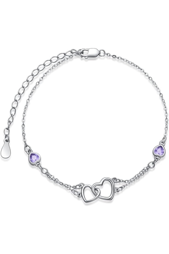 Light Purple Sterling Silver Double Heart Anklet for Women - Lt Amethyst Summer Beach Foot Jewelry - June Birthstone Valentine's Day Wedding Gift for Bride Friend