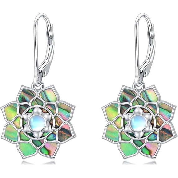 CACA LADY Lotus Earrings 925 Sterling Silver Abalone Shell Lotus Flower Dangle Earrings Moonstone Yoga Jewelry Gifts for Women