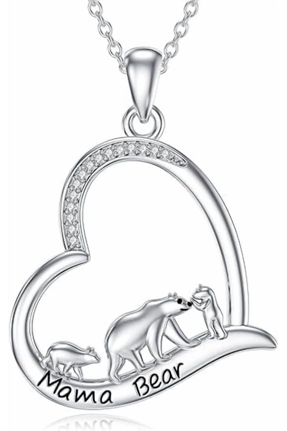 Mama Bear Necklace for Women 925 Sterling Silver Mama Bear Heart Pendant