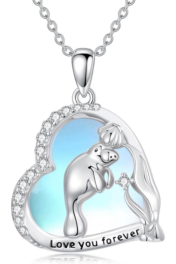Manatee Necklace 925 Sterling Silver Heart Moonstone Pendant Necklace with Manatee Ocean Jewelry Gifts for Women