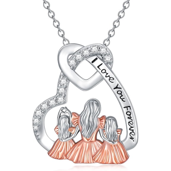 CACA LADY Mom Necklace 925 Sterling Silver Mother and Two Daughters Necklace Yellow Gold Mother Love Heart Pendant Necklace Mom necklace for Women from Daughter