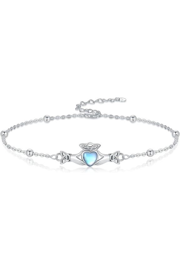 Moonstone Celtic Bracelet for Women 925 Sterling Silver Claddagh Rainbow Moonstone Celtic Triquetra Trinity Bracelet Birthday Mother's Day Jewelry for Mom
