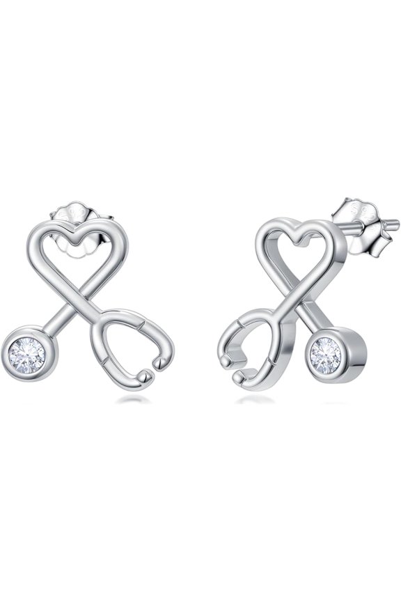 Nurse Earrings 925 Sterling Silver Stethoscope Studs Earrings April Birthstone Cubic Zircon Doctor Nurse Jewelry Gifts for Women