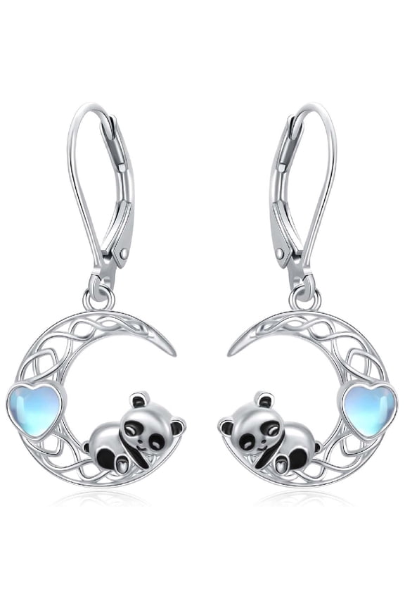 Panda Earrings Moon Earrings Moonstone Earrings Sterling Silver Leverback Earrings Animal Earrings Bear Earrings Birthday Christmas Anniversary Panda Jewelry Gifts for Mom Women Wife