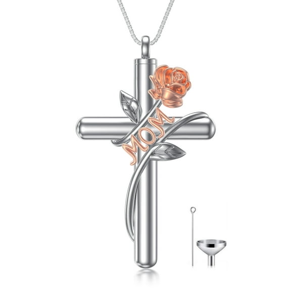 CACA LADY Rose Cross Urn Necklace for Ashes 925 Sterling Silver with Funnel