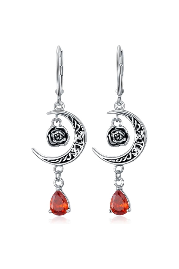 Rose Earrings Celtic Earrings Sterling Silver Leverback Earrings Moon Earrings Red Rose Earrings Red Earrings Gothic Earrings Ruby Earrings Birthday Christmas Rose Jewelry for Women