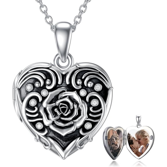 CACA LADY Rose Heart Locket Necklace that Hold 2 Photos Sterling Silver Personalized Customized Jewelry Memory Photos Keep Someone Near to You Rose Picture Locket Pendant Heart Locket Necklace for Wo