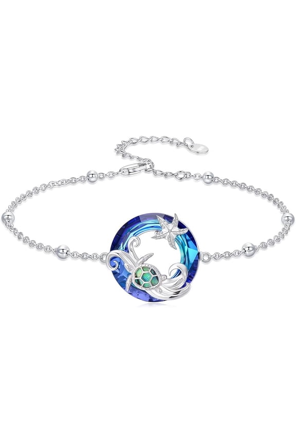 Sea Turtle Bracelet 925 Sterling Silver Crystal Ocean Starfish Sea Turtle Bracelet Jewelry Gifts for Women