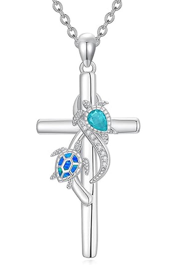 Sea Turtle Necklaces for Women 925 Sterling Silver Blue Opal Turtle Necklace Cross Turtles Pendant Ocean Jewelry Gifts