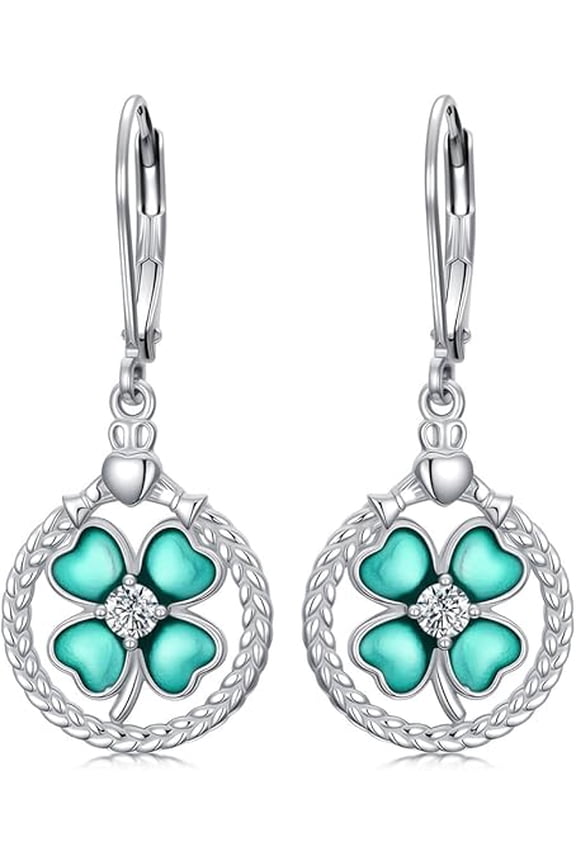 Shamrock Dangle Earrings 925 Sterling Silver Claddagh Four Leaf Clover Earrings Irish Jewelry Gifts for Women