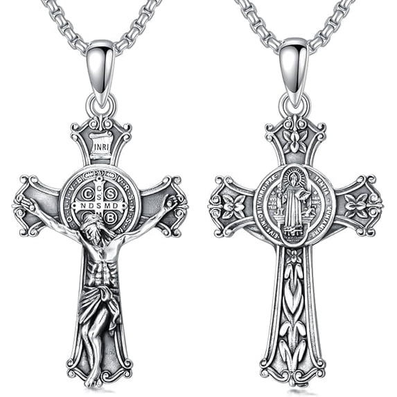 CACA LADY St 925 Sterling Silver Saint Benedict Necklace Jesus Crucifix ...