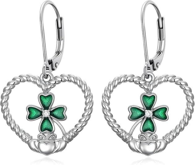 CACA LADY St Patricks Day Shamrock Dangle Earrings 925 Sterling Silver Claddagh Four Leaf Clover Earrings Irish Jewelry Gifts for Women