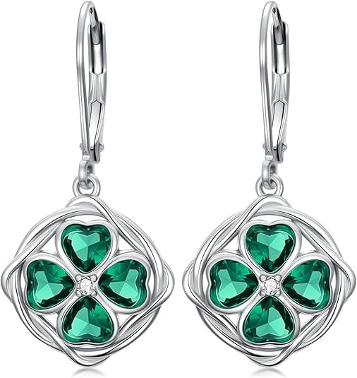 CACA LADY St Patricks Day Shamrock Dangle Earrings 925 Sterling Silver Four Leaf Clover Earrings Irish Jewelry Gifts for Women
