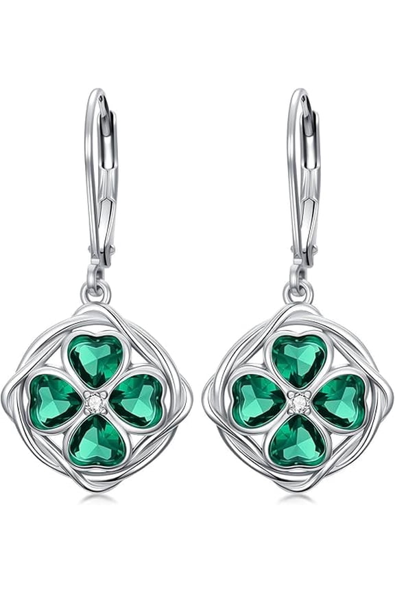 St Patricks Day Shamrock Dangle Earrings 925 Sterling Silver Four Leaf Clover Earrings Irish Jewelry Gifts for Women
