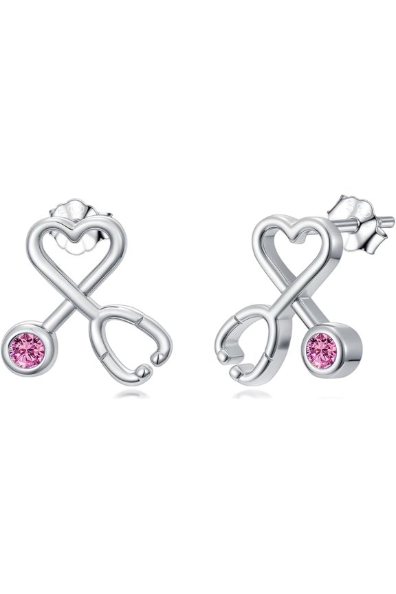 Stethoscope Earrings 925 Sterling Silver Nurse Studs Earrings October Birthstone Pink Tourmaline Doctor Nurse Jewelry Gifts for Women