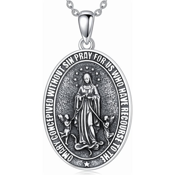 CACA LADY Virgin Mary Necklace for Men Women 925 Sterling Silver Virgin Mary Necklace Virgen De Guadalupe Miraculous Medal Pendant Necklace Catholic Religion Jewelry Gifts