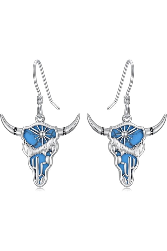 Western Cow Skull Earrings 925 Sterling Silver Texas Longhorn Cow Skull Dangle Earrings Turquoise Cowgirl Cowboy Jewelry Gifts