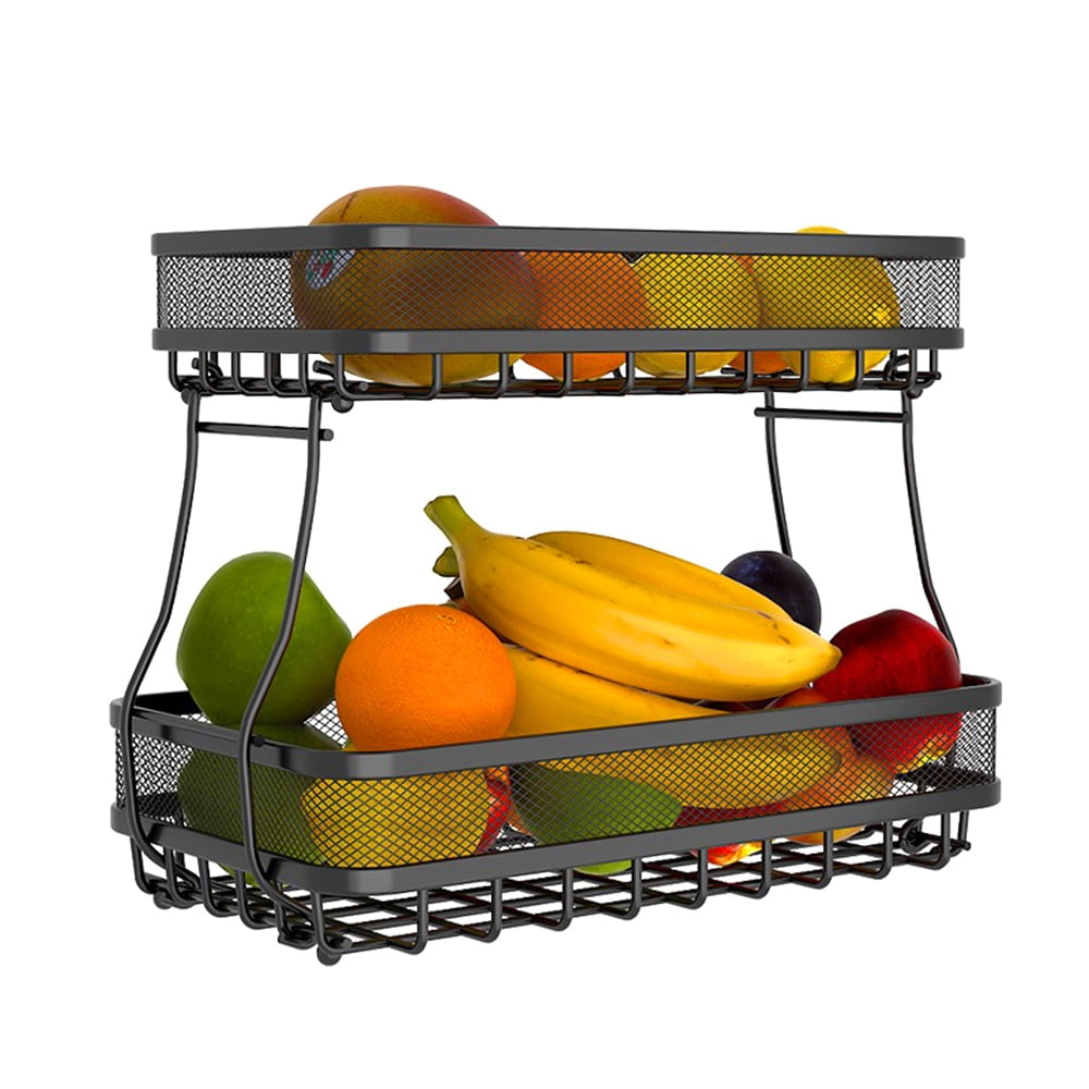 CACAGOO 2-Tier Countertop Fruit Basket Bowl, Vegetable Produce Storage Baskets for Kitchen, Kitchen Counter Fruits Stand Holder Organizer for Bread Snack Veggies, Black