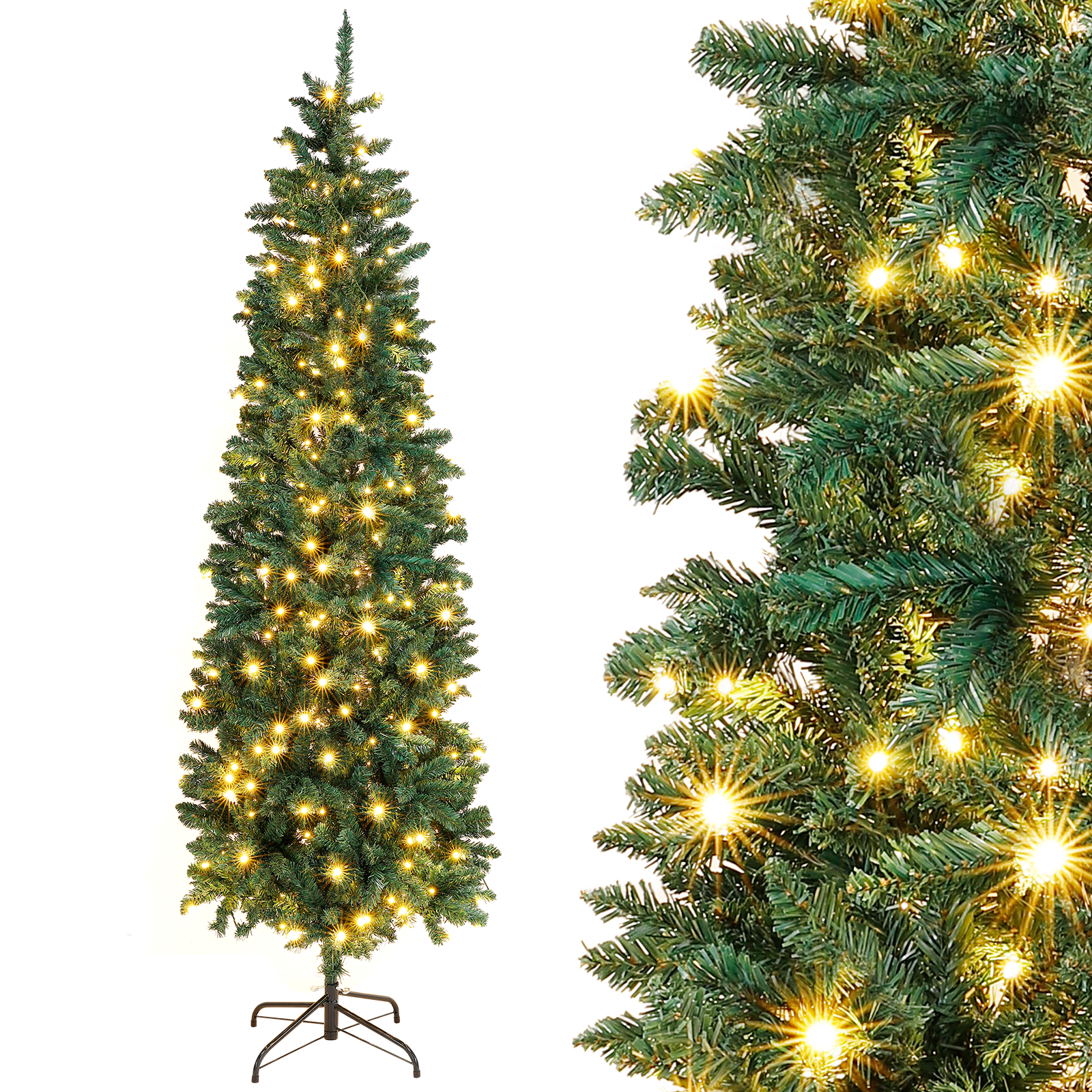 CACAGOO 6.5ft Pre-Lit Pencil Christmas Tree for Home, Office, Party Decoration, Artificial Snow Flocked Design w/ 350 LED Lights & 699 PVC Branch Tips and Pine Cones, Metal Hinges & Base