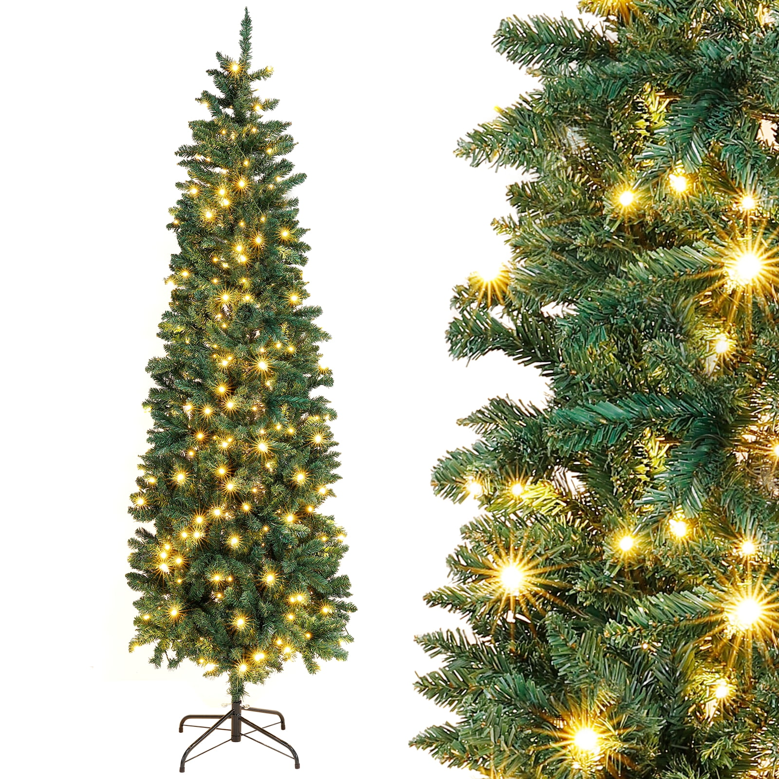 CACAGOO 7ft Pre-Lit Pencil Christmas Tree, Skinny Spruce Slim Holiday Decoration w/ 1,083 Tips, 350 Lights, Metal Hinges & Base