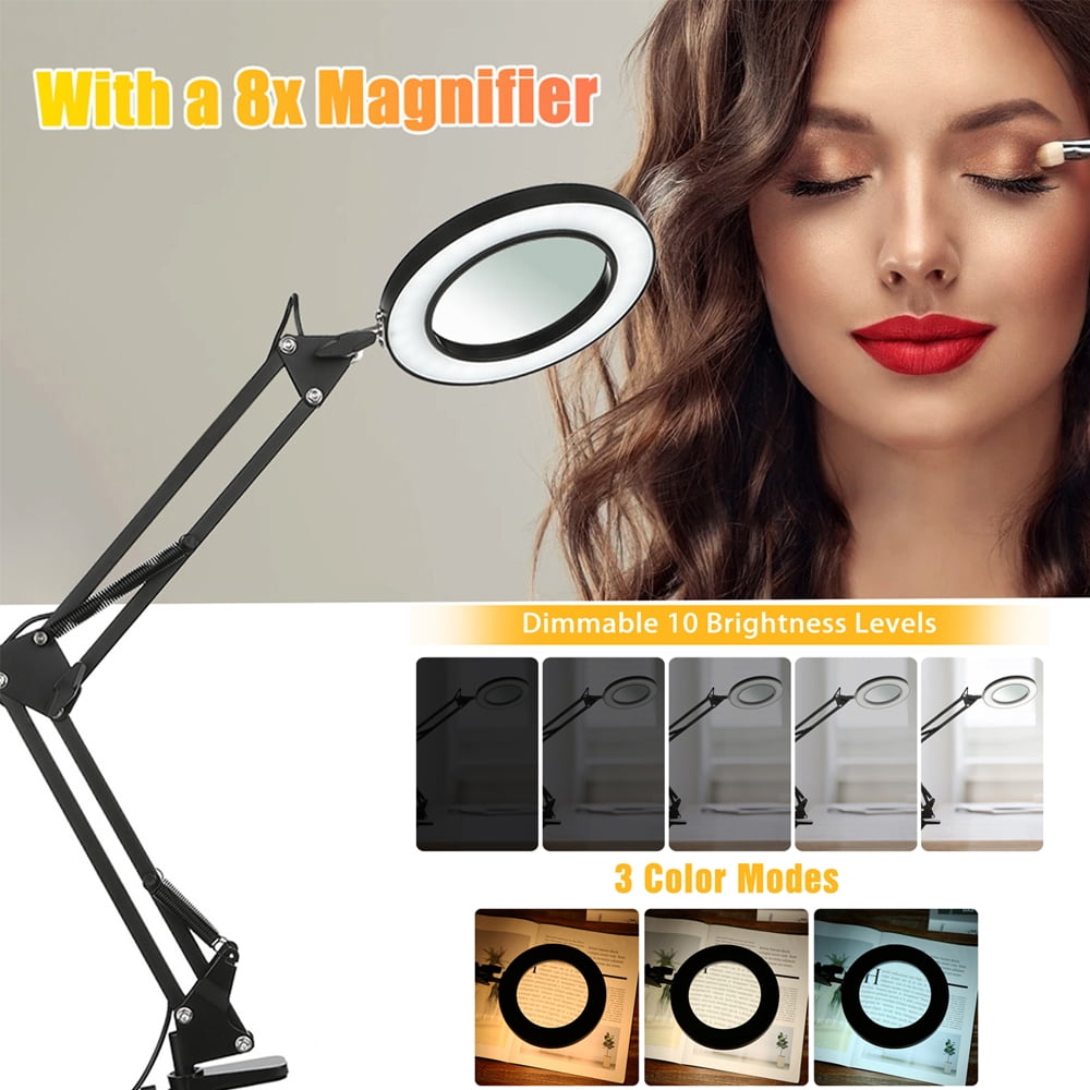 CACAGOO 8X Magnifying Glass with Light, 3 Color Modes Stepless Dimmable LED  for Crafts Workbench Reading Home Office 