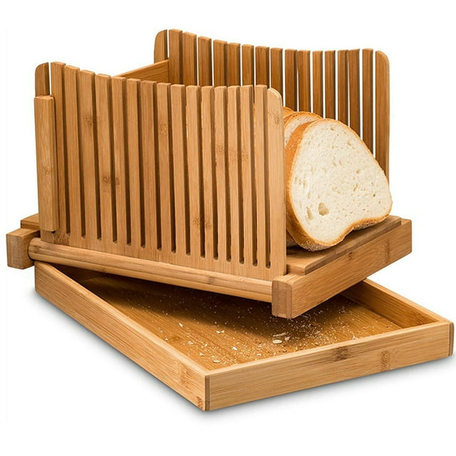 CACAGOO Bamboo Bread Slicer with Cutting Board Foldable Adjustable Bread Slicer for Homemade Bread Loaf Cakes