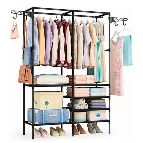 CACAGOO Clothes Rack, Freestanding Wardrobe Closet, Metal Clothing Racks, Heavy-Duty Garment Rack with 6 Storage Shelves Durable Steel Pipe Garment Rack Clothing Rack with 2 Extended Pendant Hooks
