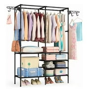 CACAGOO Clothes Rack, Freestanding Wardrobe Closet, Metal Clothing Racks, Heavy-Duty Garment Rack with 6 Storage Shelves Durable Steel Pipe Garment Rack Clothing Rack with 2 Extended Pendant Hooks