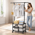 thumbnail image 1 of CACAGOO Heavy Duty Portable Cloth Hanger, Metal Stand Coat Rack with Wheels, 3 Tier Shelves for Bedroom, Laundry, 1 of 12