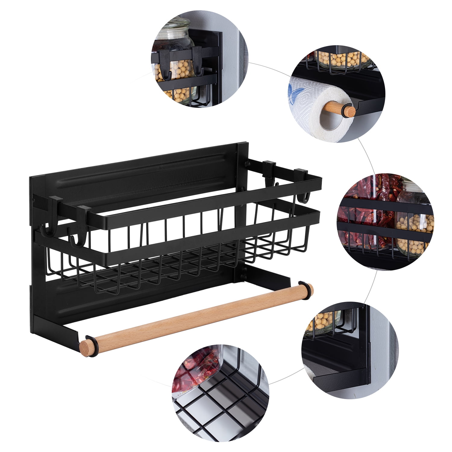 CACAGOO Magnetic Spice Rack for Refrigerator with Hook Paper Towel Holder Carbon Steel Multi Use Refrigerator Side Shelf