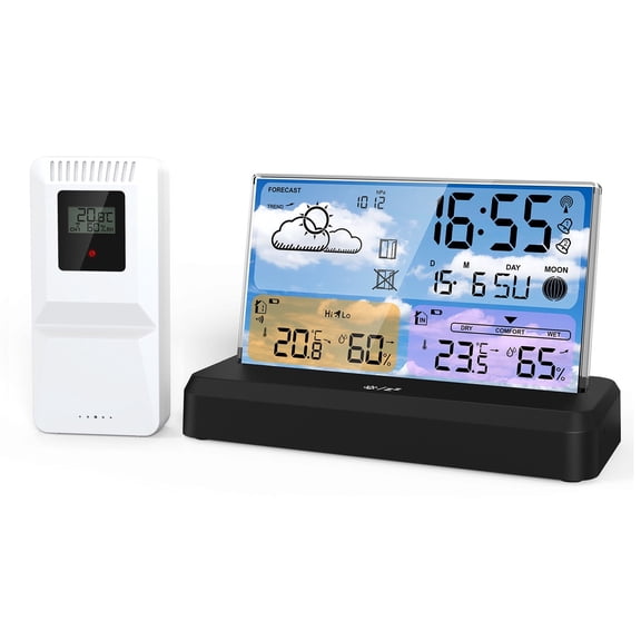 Cacagoo Weather Station Wireless Indoor Outdoor Thermometer, Color Display Digital Weather Thermometer with Atomic Clock, Barometric Pressure, Forecast Station with Adjustable Backlight