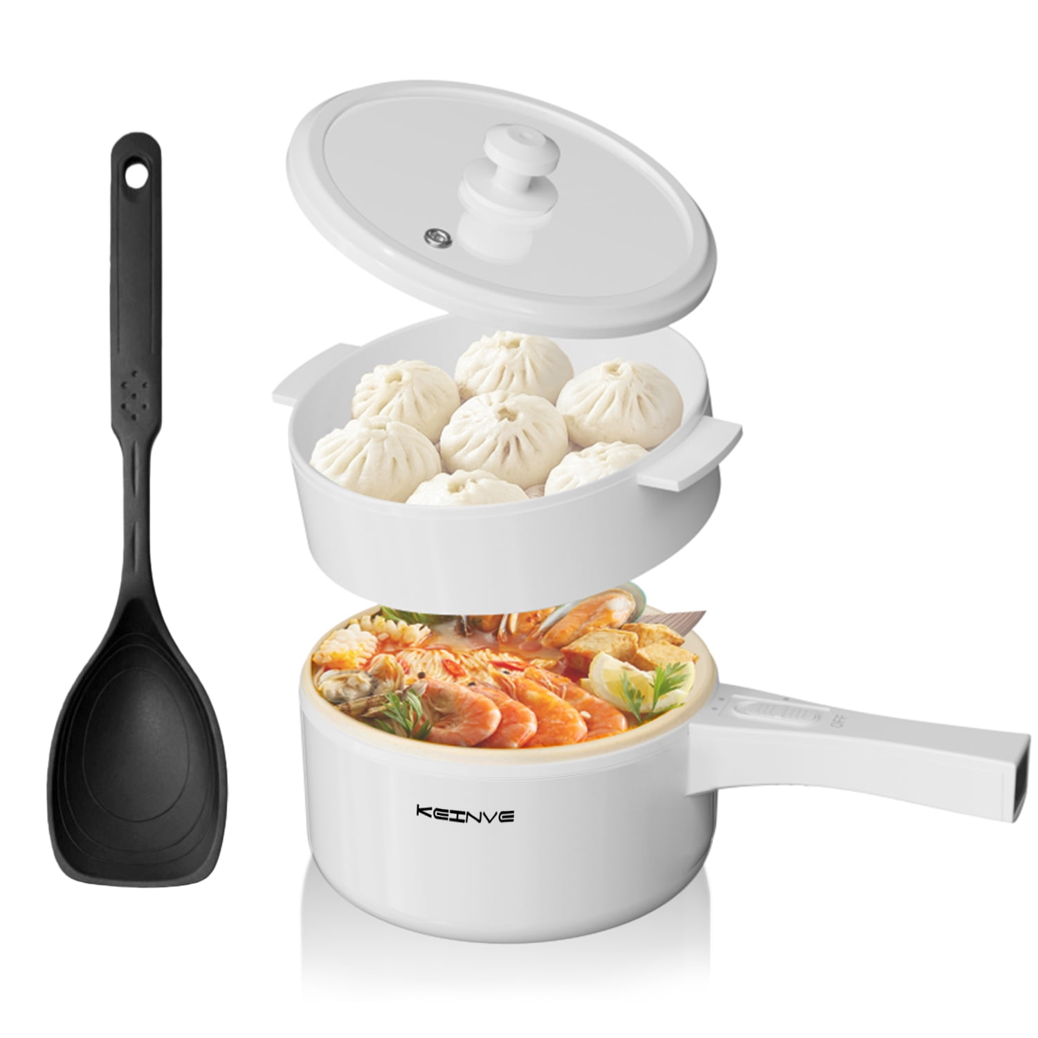 CACHOO Hot Pot Electric with Steamer, Rapid Noodles Electric Pot, 1.5L Non-Stick Saut Pan, Electric Cooker for Steak, Egg, Pasta, Ramen Cooker with Dual Power Control, White