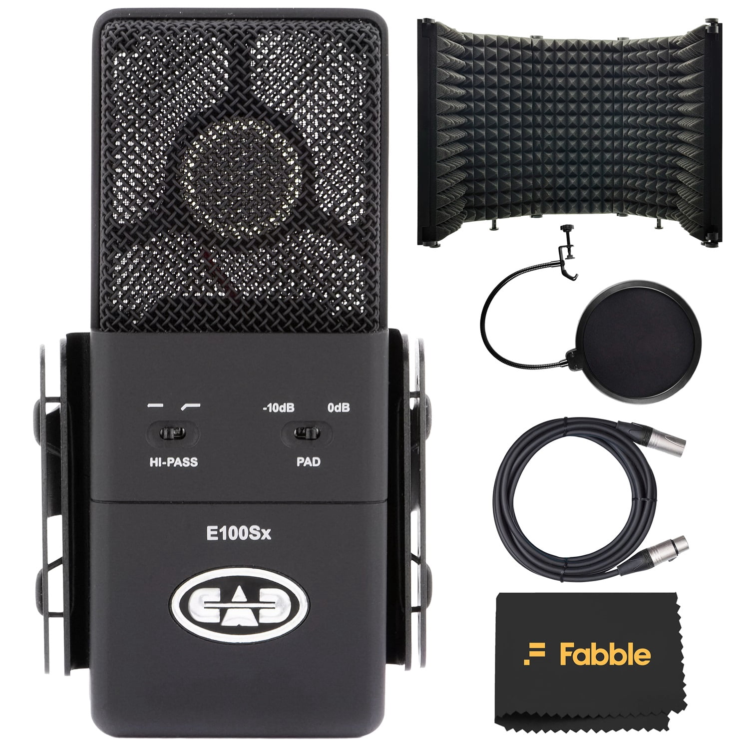CAD Audio E100Sx Large Diaphragm Supercardioid Condenser Microphone Bundle with CAD Acousti-Shield AS12 Reflection Shield, 10ft XLR Cable, Pop Filter, and Custom Shockmount