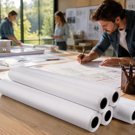 CAD Bond Plotter Paper Rolls, 24 in x 150 Ft, 20 Lb, 2 in Core, High White, Wide Format, 4 Pack for Engineering and CAD Drawings