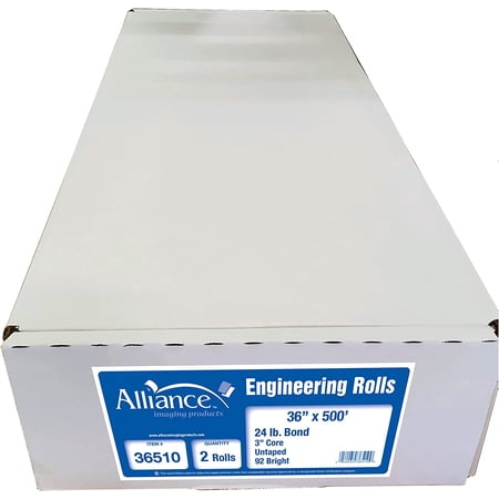 CAD Paper Rolls, 36” x 500’, 92 Bright, 24lb - 2 Rolls Per Carton - Ink Jet Bond Rolls with 3” Core