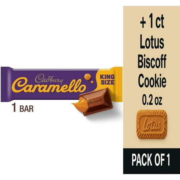 CADBURY CARAMELLO Milk Chocolate Caramel King Size Candy Bar 2.7 oz - Pack of 1 & Lotus Biscoff Cookie - 0.2 Oz - 1 ct
