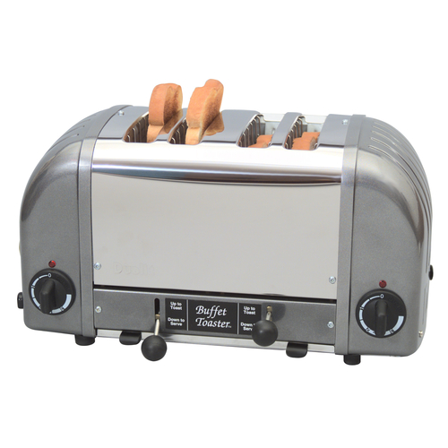 Cadco CBF-4M Stainless Steel Buffet Toaster, 15-1/2" Wide with 4 Slots, Dual Timers, Metallic Grey Aluminum Panels, Pull-Out Crumb Tray for Restaurant, Hotel, Kiosk, 120V, NSF Certified