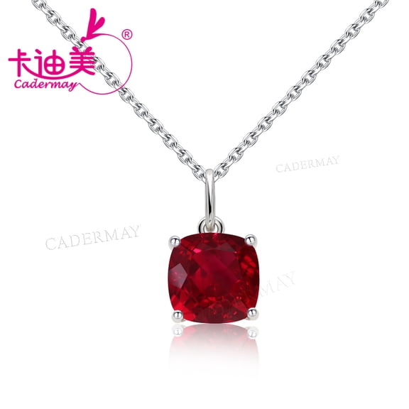 CADERMAY 9x9mm 5# Created  Ruby With Inclusions S925 Sterling Silver Necklace For Women Jewelry