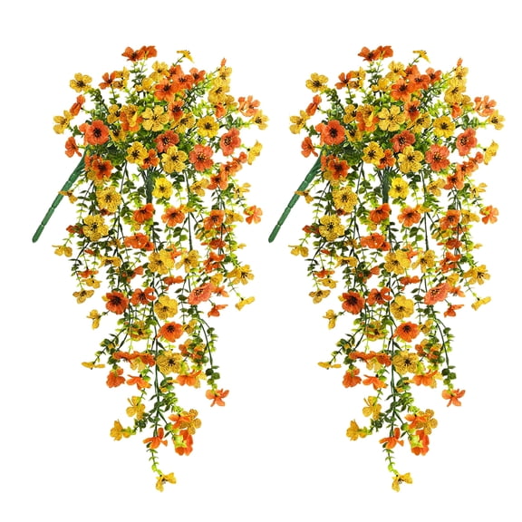 CADODIS 2PCS Artificial Flowers outdoor Spring Summer Decor Fake Hanging Plants UV Resistant Faux Plastic Greenery Hanging Flowers for Outside Gardens Porch Wall Home Indoor ,ORANGE&YELLOW