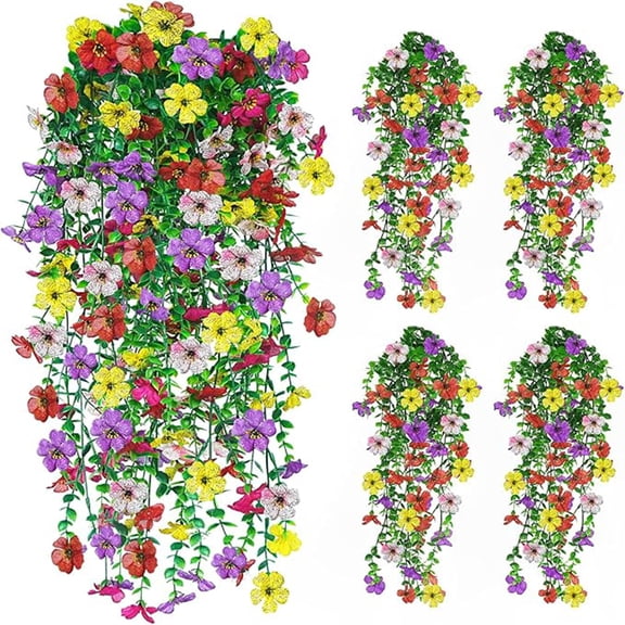 CADODIS 4 Pack Artificial Hanging Flowers, UV Resistant Faux Plastic Flower Vines for Outdoor Porch, Patio, Garden Wall and Summer Home Decor