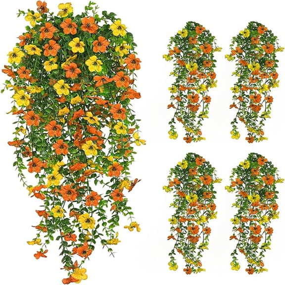 CADODIS 4PCS Artificial Flowers Outdoor Spring Summer Decor Fake Hanging Plants UV Resistant Faux Plastic Greenery Hanging Flowers for Outside Gardens  Wall Home Indoor,ORANGE&YELLOW