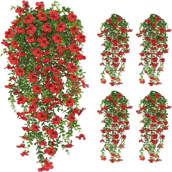CADODIS 4PCS Artificial Flowers Outdoor Spring Summer Decor Fake Hanging Plants UV Resistant Faux Plastic Greenery Hanging Flowers for Outside Gardens Porch Wall Home Indoor,RED