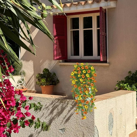 CADODIS 6PCS Artificial Flowers Outdoor Fall Summer Decor Fake Hanging Plants UV Resistant Faux Plastic Greenery Hanging Flowers for Outside Gardens  Wall Home Indoor,ORANGE&YELLOW