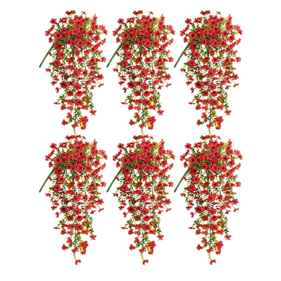 CADODIS 6PCS Artificial Flowers Outdoor Spring Summer Decor Fake Hanging Plants UV Resistant Faux Plastic Greenery Hanging Flowers for Outside Gardens Porch Wall Home Indoor,RED