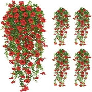 CADODIS 6PCS Artificial Flowers Outdoor Spring Summer Decor Fake Hanging Plants UV Resistant Faux Plastic Greenery Hanging Flowers for Outside Gardens Porch Wall Home Indoor,RED