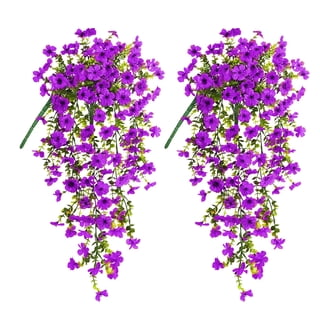 CADODIS Artificial 2PCS Fake Hanging Flowers Outdoor Summer Plants Decoration UV Resistant Faux Silk Violet with Eucalyptus Leaves Outside Home Indoor Planter Porch Patio Yard Decor,Purple