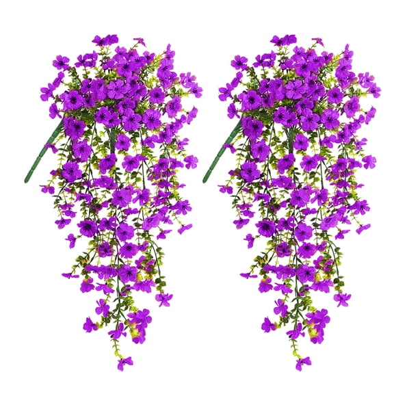 CADODIS Artificial 2PCS Fake Hanging Flowers Outdoor Summer Plants Decoration UV Resistant Faux Silk Violet with Eucalyptus Leaves Outside Home Indoor Planter Porch Patio Yard Decor,Purple